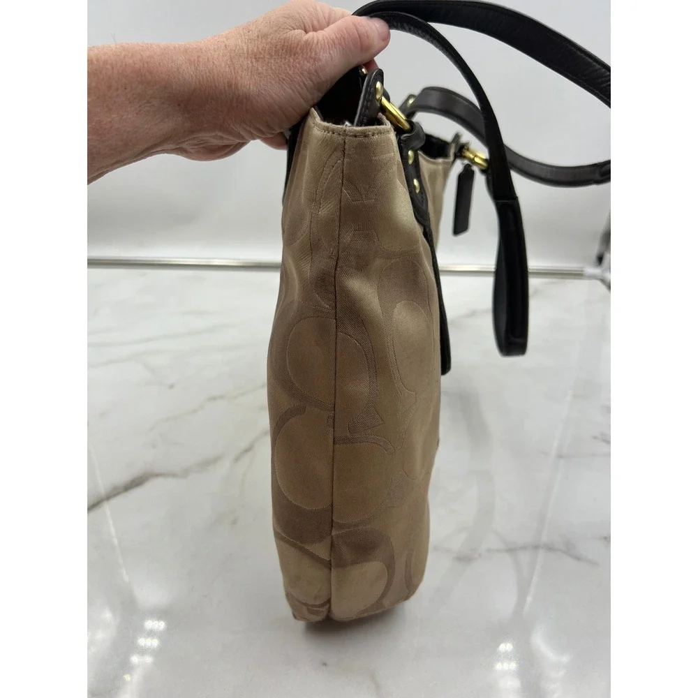 Coach Campbell Signature Belle Carryall Tote Tan Brown Leather Trim Tote